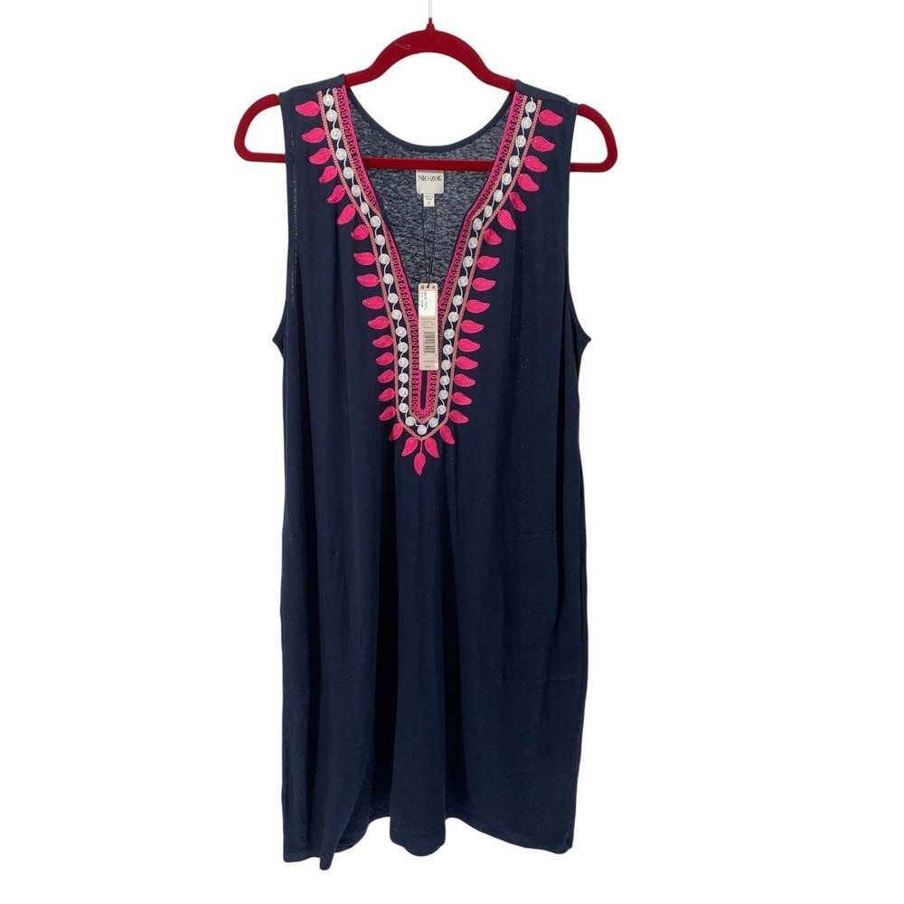 NIC+ZOE  size Large Indigo Multi Embroidered Linen Blend V-Neck Shift Dress NWT